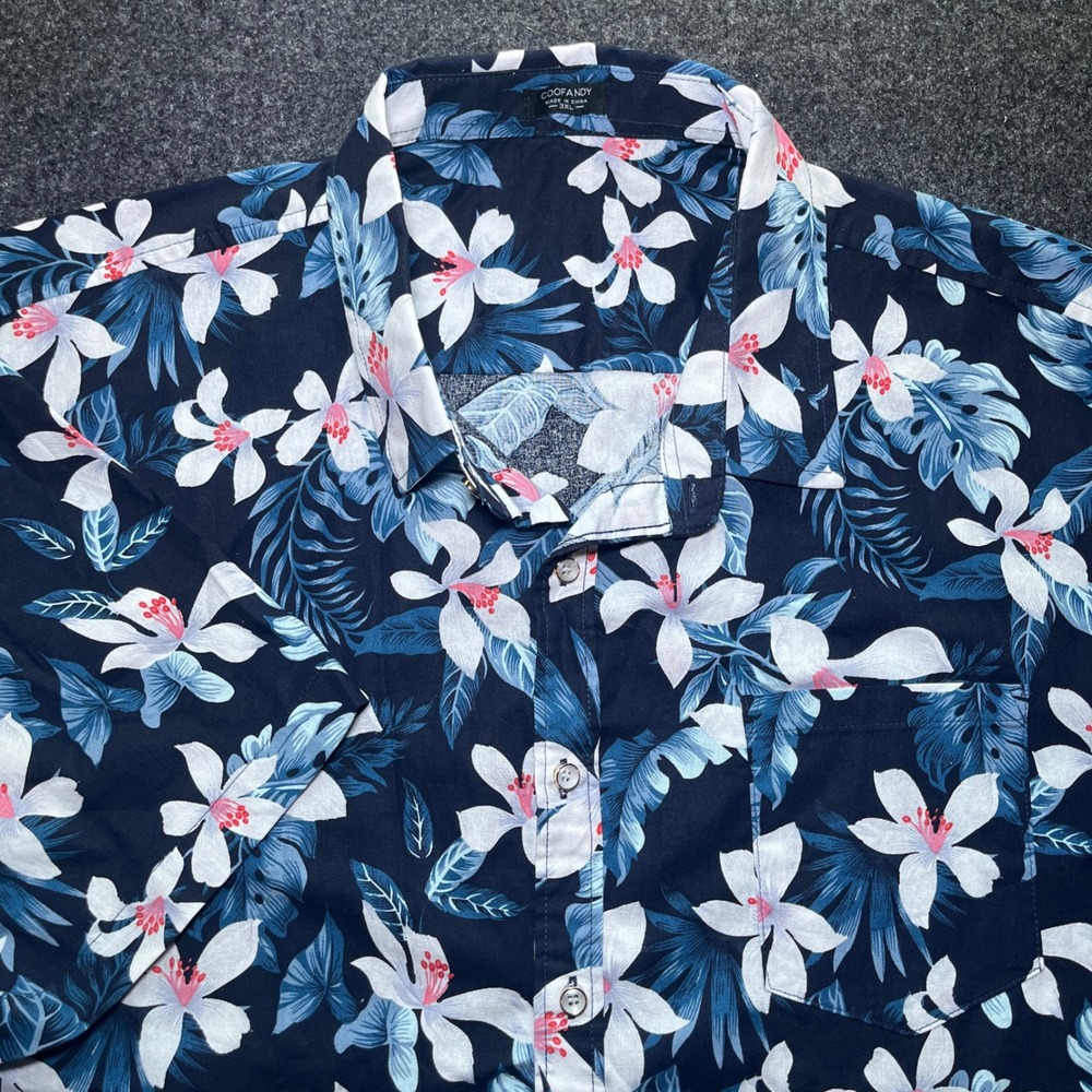 Coofandy Button Down Shirt Mens 3XL Navy Blue Excellent Tropical Floral Hibiscus
